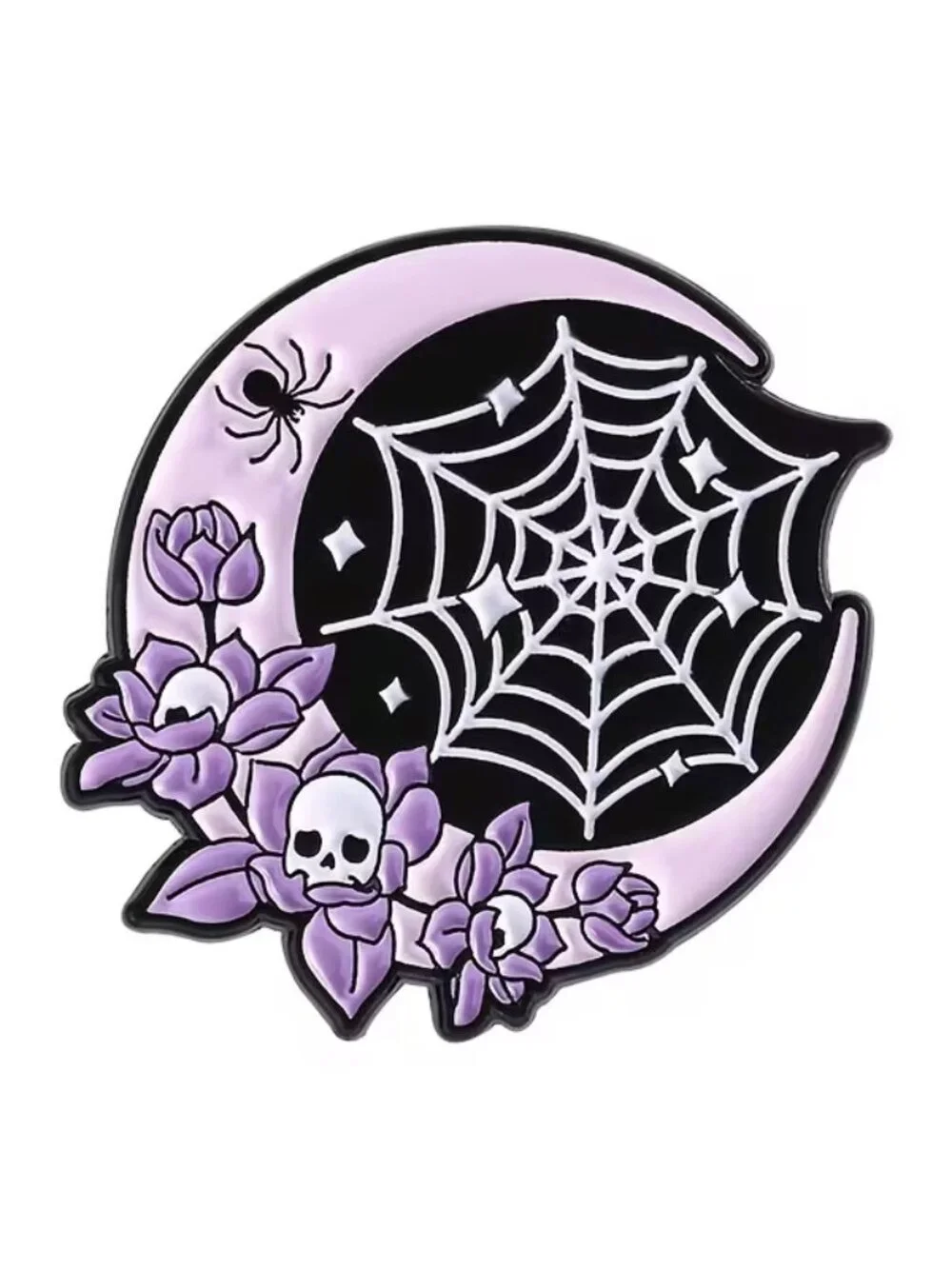 Pastel Gothic Moon Spiderweb Skull Floral Enamel Pin